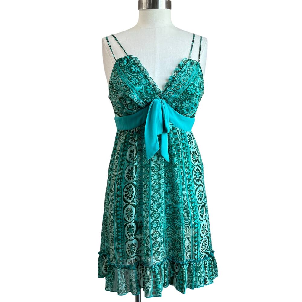 Y2K Love Tease Green Floral Geometric Print Front Bow Baby Doll Dress Size 5